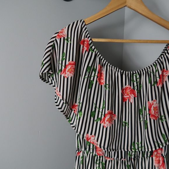 Off the Shoulder Floral Striped Wide Leg Jumpsuit - Picture 8 of 8